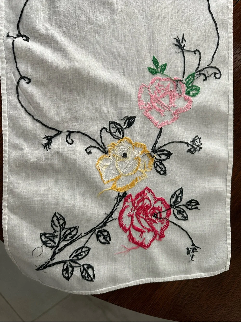 Vintage Hand-Embroidered Floral Runner